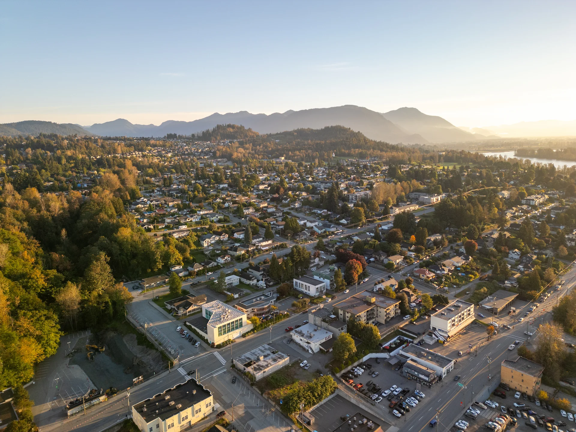 aerial view of Mission BC neighbourhood near Cedar Valley with mountains and residential homes