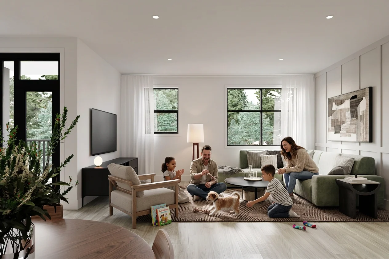 family enjoying everyday life in modern open concept living room with children and pet