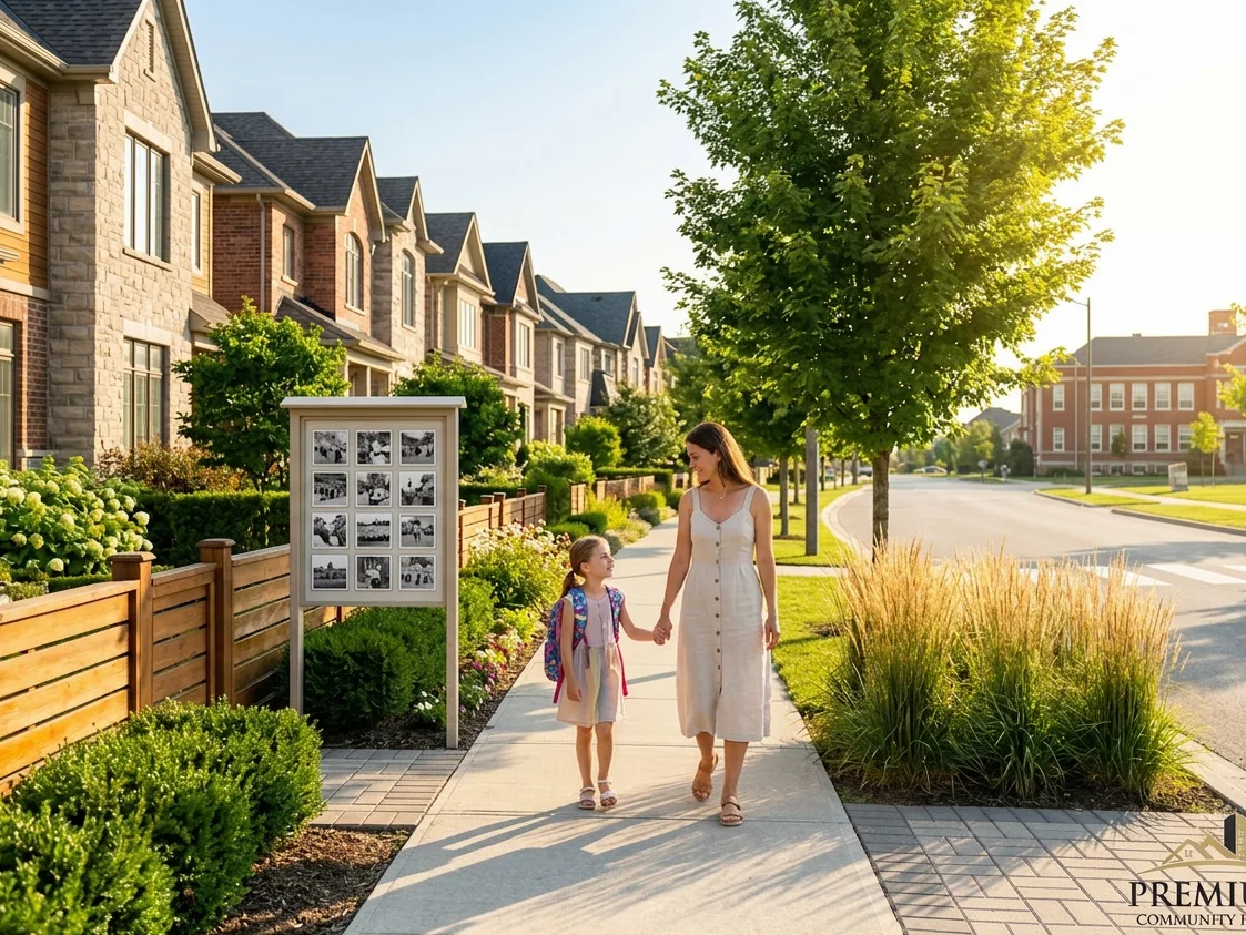 family walking in community with schools and green spaces in Surrey Langley area